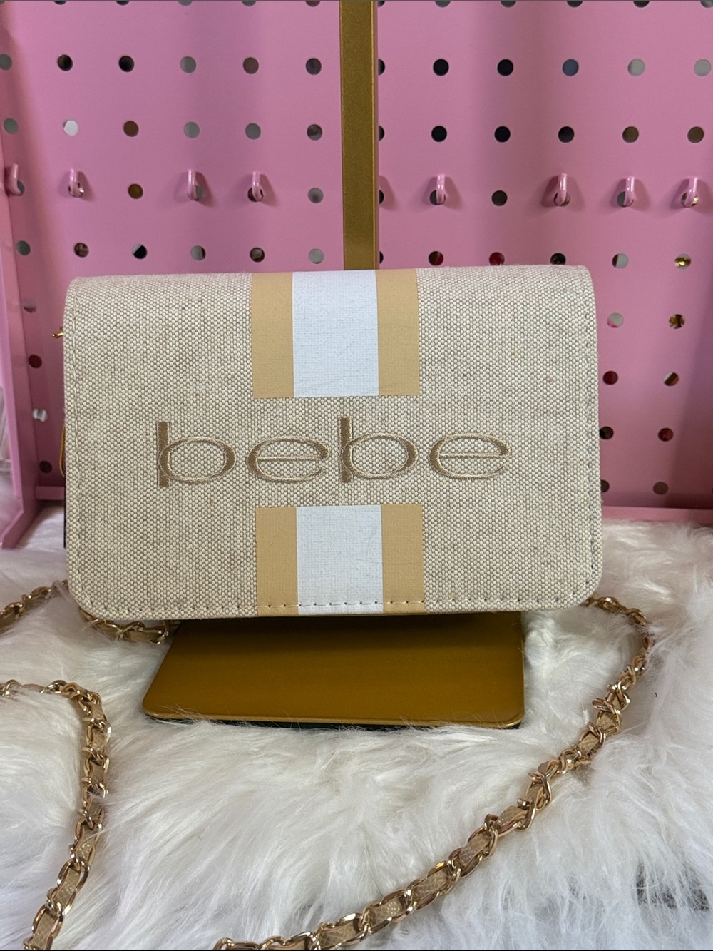 bebe Beige Canvas Crossbody with White & Tan Stripes and Gold Chain